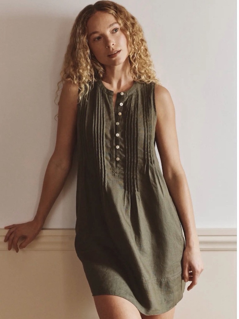 Quince Olive Pintuck Sleeveless Henley Mini Dress